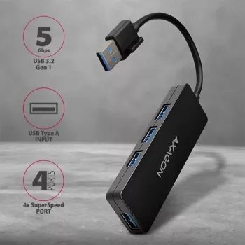 Axagon SuperSpeed USB õhuke jaotur, hostiliides: USB 3.2 Gen 1 (3.1 Gen 1) Type-A, jaoturiliidesed: USB 3.2 Gen 1 (3.1 Gen 1) Type-A, 5000 Mbit/s, must, plastik, 0,14 m