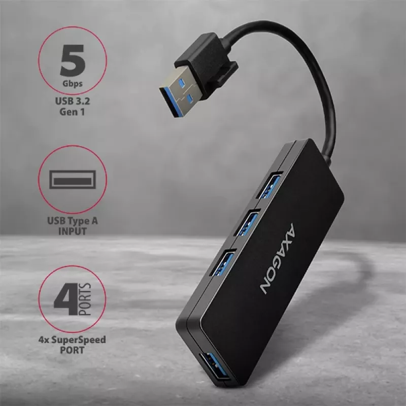 Axagon SuperSpeed USB õhuke jaotur, hostiliides: USB 3.2 Gen 1 (3.1 Gen 1) Type-A, jaoturiliidesed: USB 3.2 Gen 1 (3.1 Gen 1) Type-A, 5000 Mbit/s, must, plastik, 0,14 m
