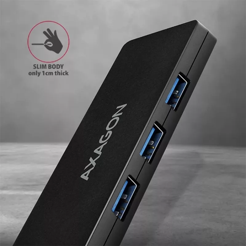 Axagon SuperSpeed USB õhuke jaotur, hostiliides: USB 3.2 Gen 1 (3.1 Gen 1) Type-A, jaoturiliidesed: USB 3.2 Gen 1 (3.1 Gen 1) Type-A, 5000 Mbit/s, must, plastik, 0,14 m