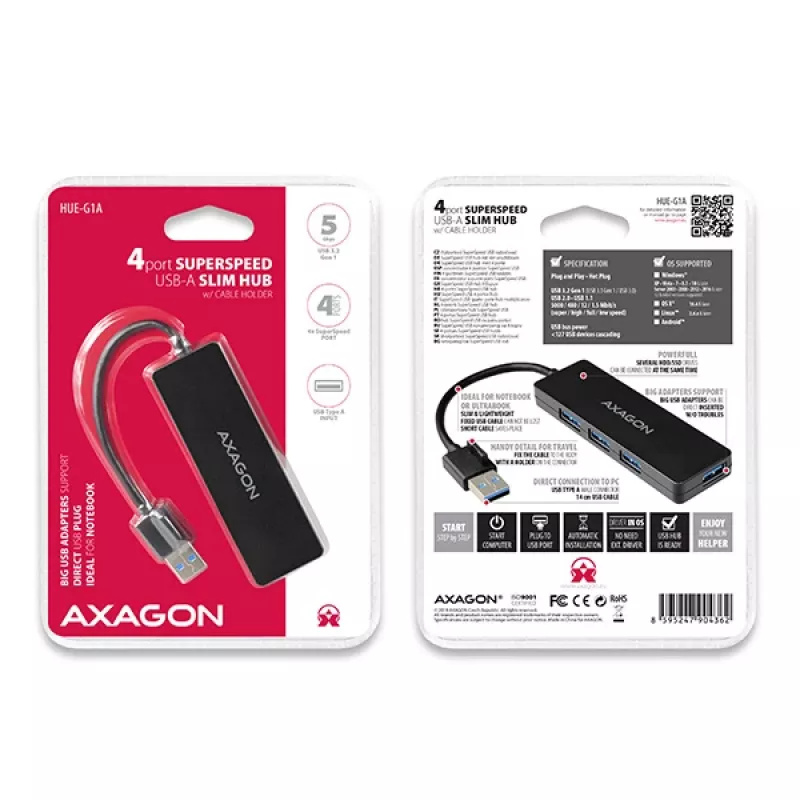Axagon SuperSpeed USB õhuke jaotur, hostiliides: USB 3.2 Gen 1 (3.1 Gen 1) Type-A, jaoturiliidesed: USB 3.2 Gen 1 (3.1 Gen 1) Type-A, 5000 Mbit/s, must, plastik, 0,14 m