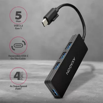 Axagon SuperSpeed USB-C õhuke hub, USB 3.2 Gen 1 (3.1 Gen 1) USB-C, USB 3.2 Gen 1 (3.1 Gen 1) Type-A, 5000 Mbit/s, must, plastik, 0.14 m