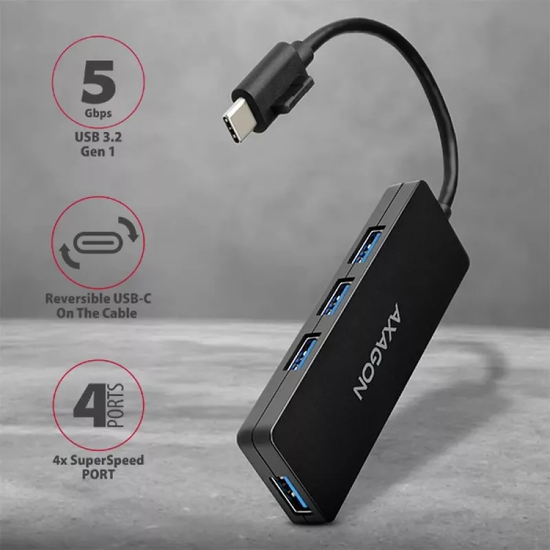Axagon SuperSpeed USB-C õhuke hub, USB 3.2 Gen 1 (3.1 Gen 1) USB-C, USB 3.2 Gen 1 (3.1 Gen 1) Type-A, 5000 Mbit/s, must, plastik, 0.14 m