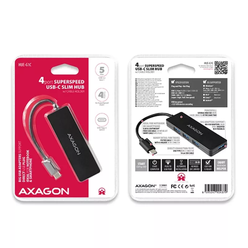 Axagon SuperSpeed USB-C õhuke hub, USB 3.2 Gen 1 (3.1 Gen 1) USB-C, USB 3.2 Gen 1 (3.1 Gen 1) Type-A, 5000 Mbit/s, must, plastik, 0.14 m