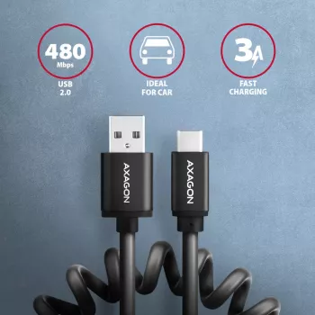 Axagon andme- ja laadimiskaabel USB 2.0 pikkus 1,1 m. 3A. Must keerdkaabel. USB-kaabel USB A USB C