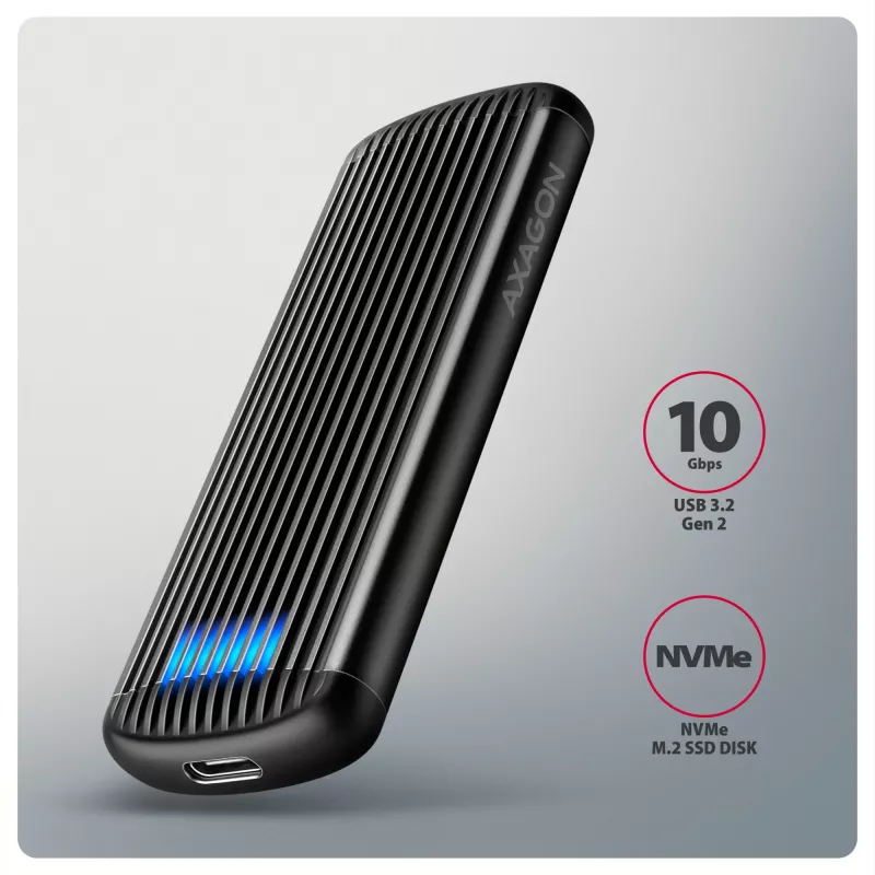 AXAGON EEM2-SC väline USB-C 10Gbps kruvideta metallist M.2 NVMe SSD korpus, ühe pesaga, hall