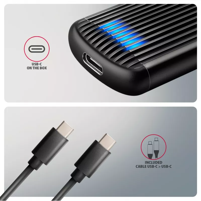 AXAGON EEM2-SC väline USB-C 10Gbps kruvideta metallist M.2 NVMe SSD korpus, ühe pesaga, hall