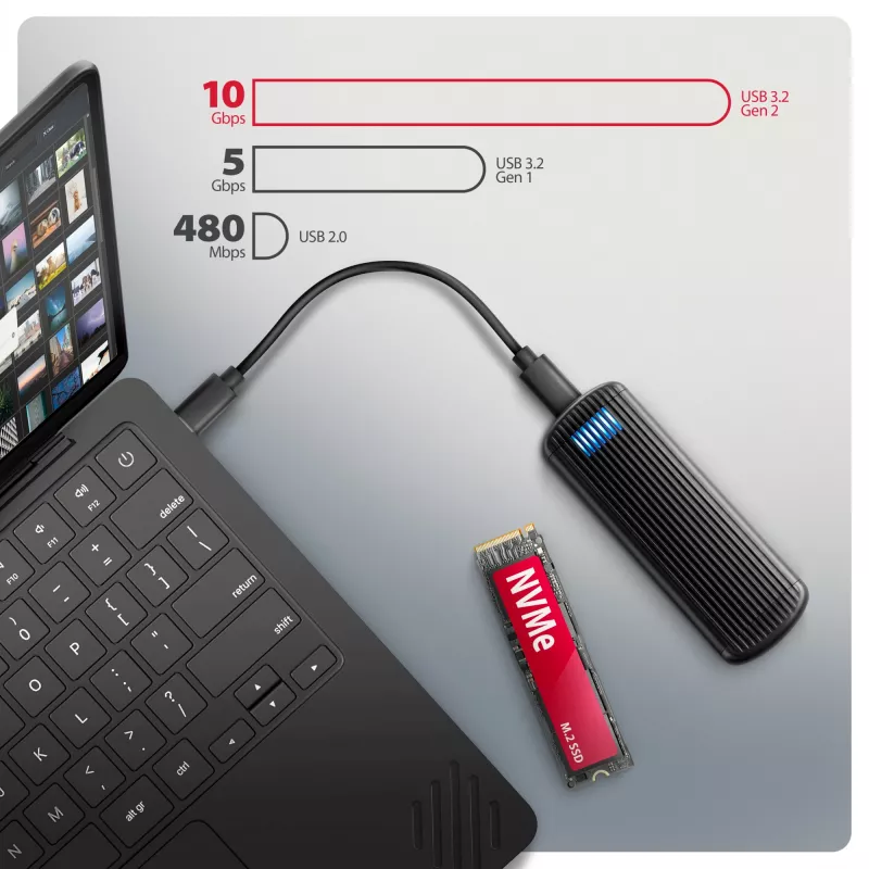 AXAGON EEM2-SC väline USB-C 10Gbps kruvideta metallist M.2 NVMe SSD korpus, ühe pesaga, hall