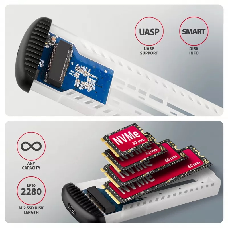 AXAGON EEM2-SC väline USB-C 10Gbps kruvideta metallist M.2 NVMe SSD korpus, ühe pesaga, hall