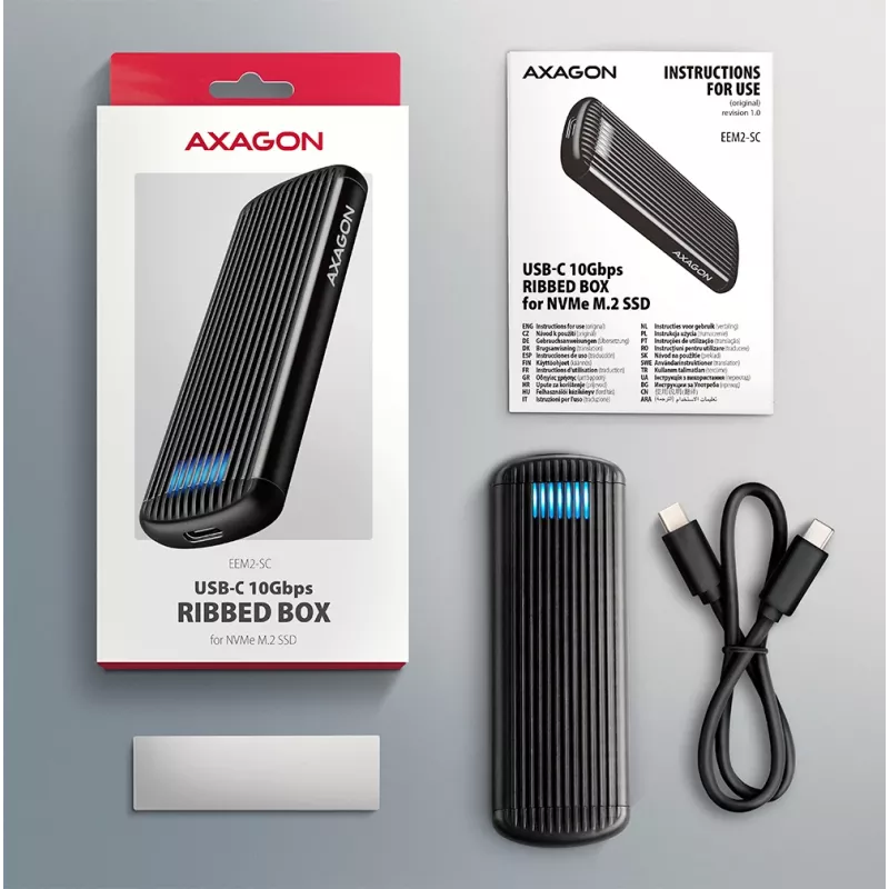 AXAGON EEM2-SC väline USB-C 10Gbps kruvideta metallist M.2 NVMe SSD korpus, ühe pesaga, hall