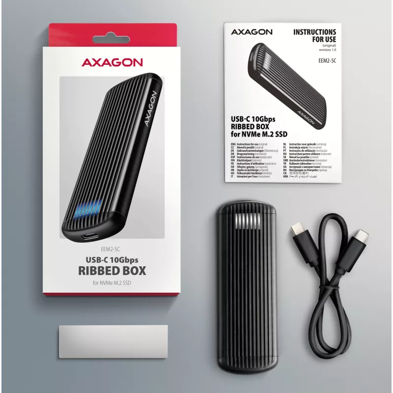 AXAGON EEM2-SC väline USB-C 10Gbps kruvideta metallist M.2 NVMe SSD korpus, ühe pesaga, hall