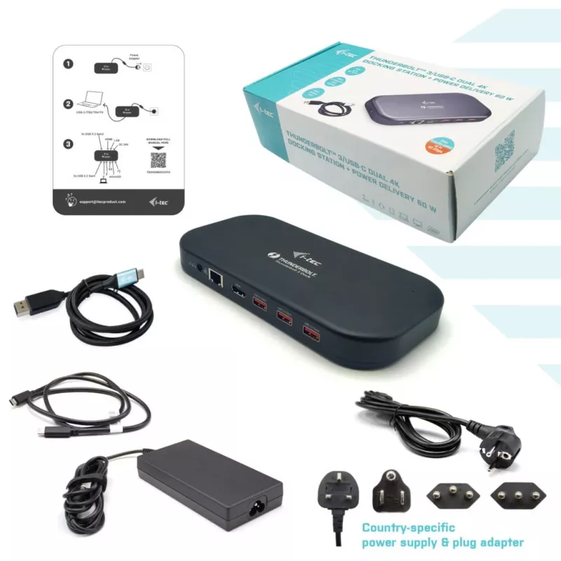 i-tec Thunderbolt 3/USB-C Dual 4K dokkimisjaam + USB-C to DisplayPort kaabel (1,5 m) + toiteedastus 60W