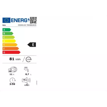 Nõudepesumasin BEKO DIS46120 täielikult sisseehitatav kitsas 45 cm, 11 komplekti, valge, 46 dB, E-energiaklass