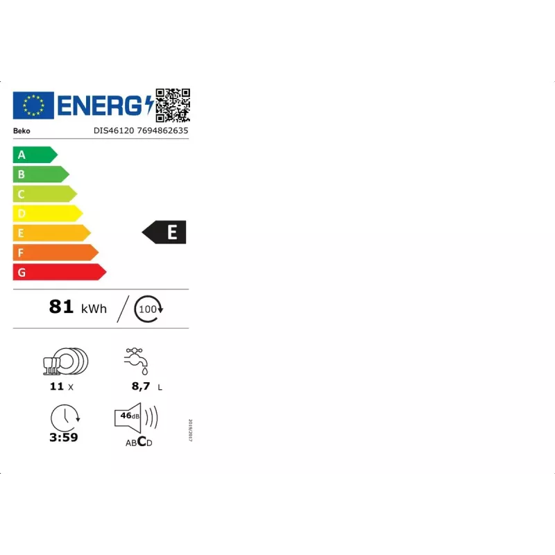 Nõudepesumasin BEKO DIS46120 täielikult sisseehitatav kitsas 45 cm, 11 komplekti, valge, 46 dB, E-energiaklass
