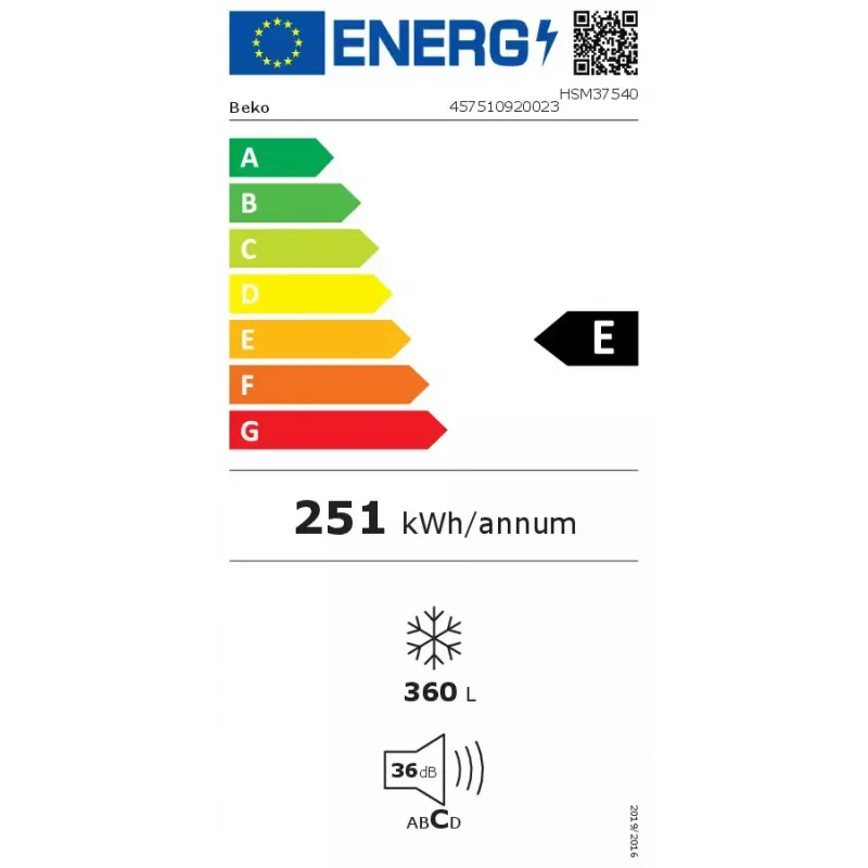 Sügavkülmik BEKO HSM37540 — 360 L maht, 16,3 kg/24 h külmutusvõime, 3* säilitus, kliimaklass SN‑T, valge