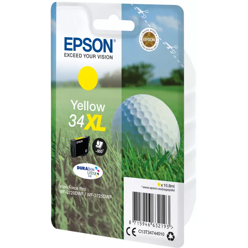 Epson Golf pall Üksikpakend Kollane 34XL DURABrite Ultra tint, Suur (XL) tootlikkus, kollane, pigmendipõhine tint, 10,8 ml, 1 tk, 950 lehekülge