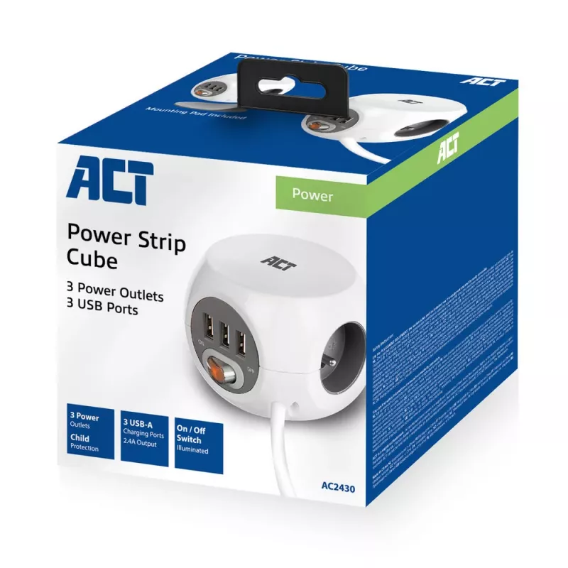 Toitejaotusseade ACT AC2430 — 3× Type F vahelduvvoolu pistikupesa, 230 V, 16 A, 1,5 m kaabel, valge