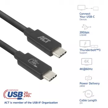 ACT USB4 20Gbps 240W USB USB-C kaabel 2m must USB-IF sertifitseeritud