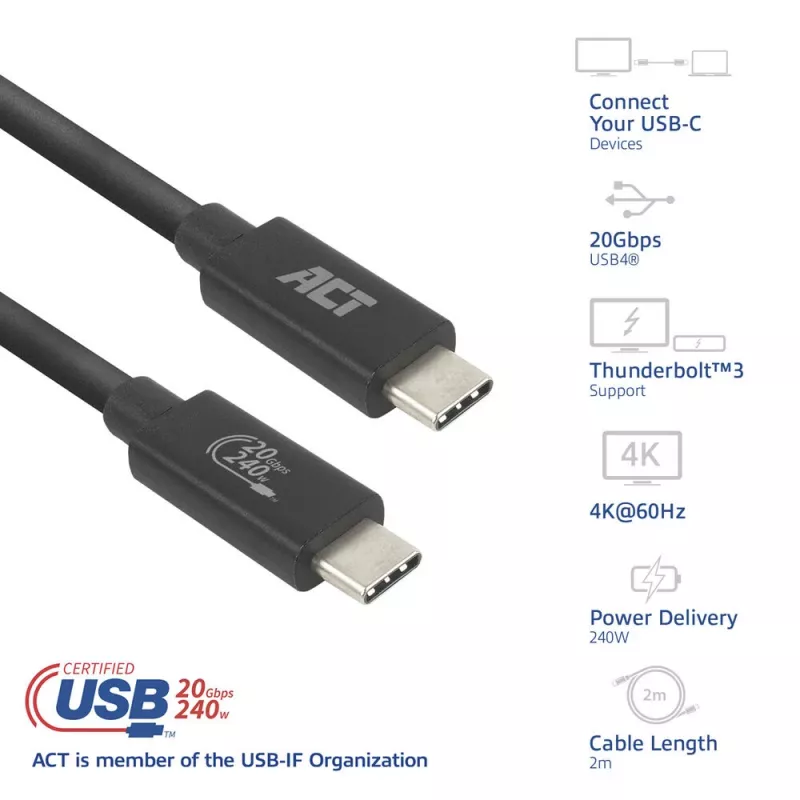 ACT USB4 20Gbps 240W USB USB-C kaabel 2m must USB-IF sertifitseeritud
