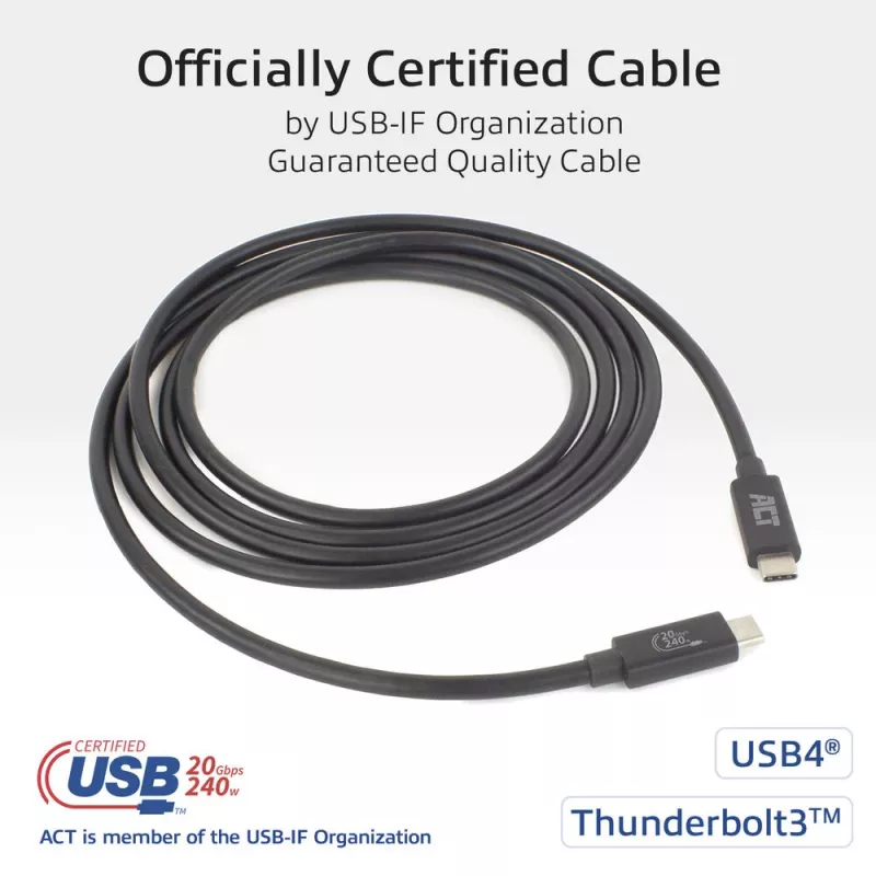 ACT USB4 20Gbps 240W USB USB-C kaabel 2m must USB-IF sertifitseeritud