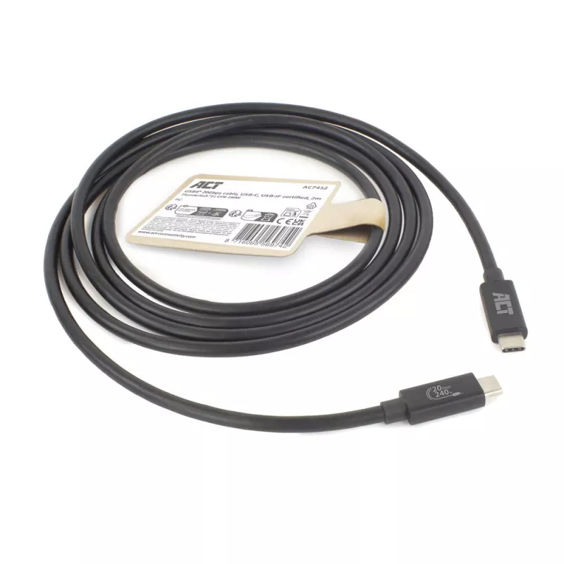 ACT USB4 20Gbps 240W USB USB-C kaabel 2m must USB-IF sertifitseeritud