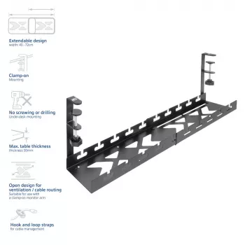 Lauaalune pikendatav kaablite haldamise salv ACT 43–72 cm klambriga kinnitus, teras, 728×130×190 mm, 5 kg