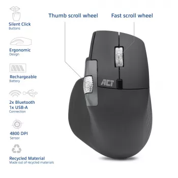ACT AC5147 juhtmevaba lasermängur — paremakäeline, RF + Bluetooth, 4800 DPI, 6 nuppu, hall
