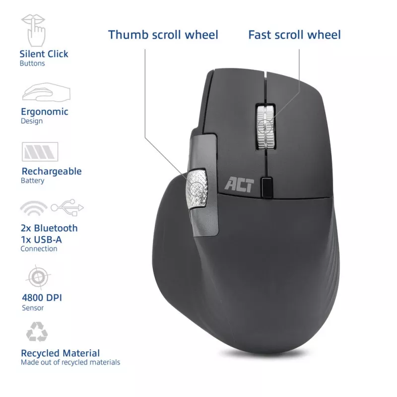 ACT AC5147 juhtmevaba lasermängur — paremakäeline, RF + Bluetooth, 4800 DPI, 6 nuppu, hall