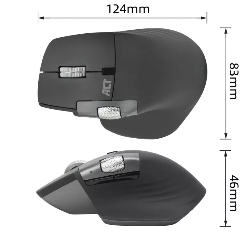 ACT AC5147 juhtmevaba lasermängur — paremakäeline, RF + Bluetooth, 4800 DPI, 6 nuppu, hall