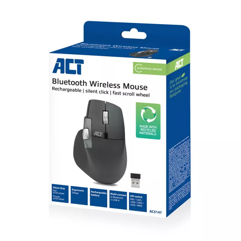 ACT AC5147 juhtmevaba lasermängur — paremakäeline, RF + Bluetooth, 4800 DPI, 6 nuppu, hall