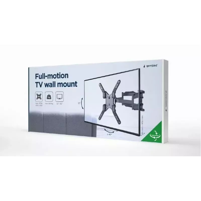 TV-kinnitus Gembird WM-60ST-01 32–60-tollistele teleritele, VESA 100x100–400x400, kuni 36,4 kg, kalle -2°–10°, kaugus seinast 4,2–45,2 cm, must