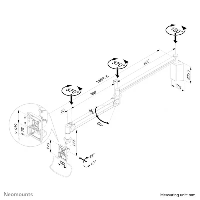 Neomounts FPMA-HAW100HC meditsiiniline monitori seinakäsi 10-32 tolli - k 0-170 cm - gaasvedru