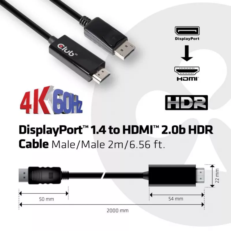 CLUB3D DisplayPort 1.4 to HDMI 2.0b HDR kaabel isane/isane 2 m