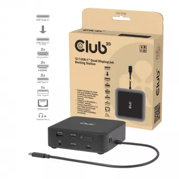 USB-C nelja ekraaniga DisplayLinki dokkimisjaam CLUB 3D CSV-2542 — 2× DisplayPort 8K60Hz, 2× HDMI 4K60Hz, PD 100 W, 2,5G Ethernet