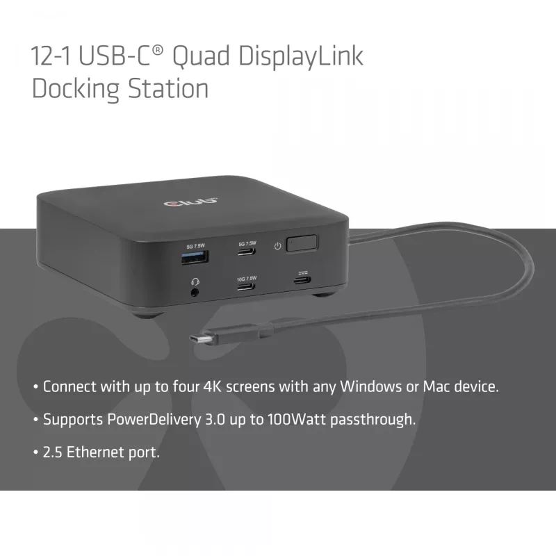 USB-C nelja ekraaniga DisplayLinki dokkimisjaam CLUB 3D CSV-2542 — 2× DisplayPort 8K60Hz, 2× HDMI 4K60Hz, PD 100 W, 2,5G Ethernet