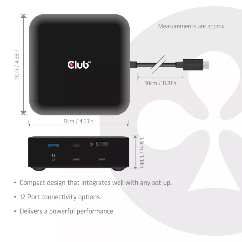 USB-C nelja ekraaniga DisplayLinki dokkimisjaam CLUB 3D CSV-2542 — 2× DisplayPort 8K60Hz, 2× HDMI 4K60Hz, PD 100 W, 2,5G Ethernet