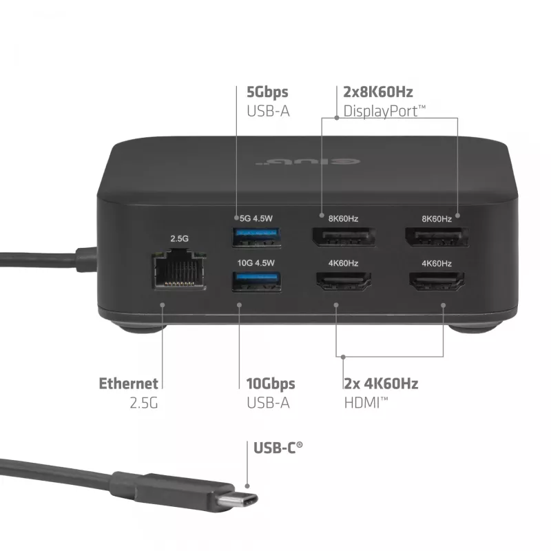 USB-C nelja ekraaniga DisplayLinki dokkimisjaam CLUB 3D CSV-2542 — 2× DisplayPort 8K60Hz, 2× HDMI 4K60Hz, PD 100 W, 2,5G Ethernet