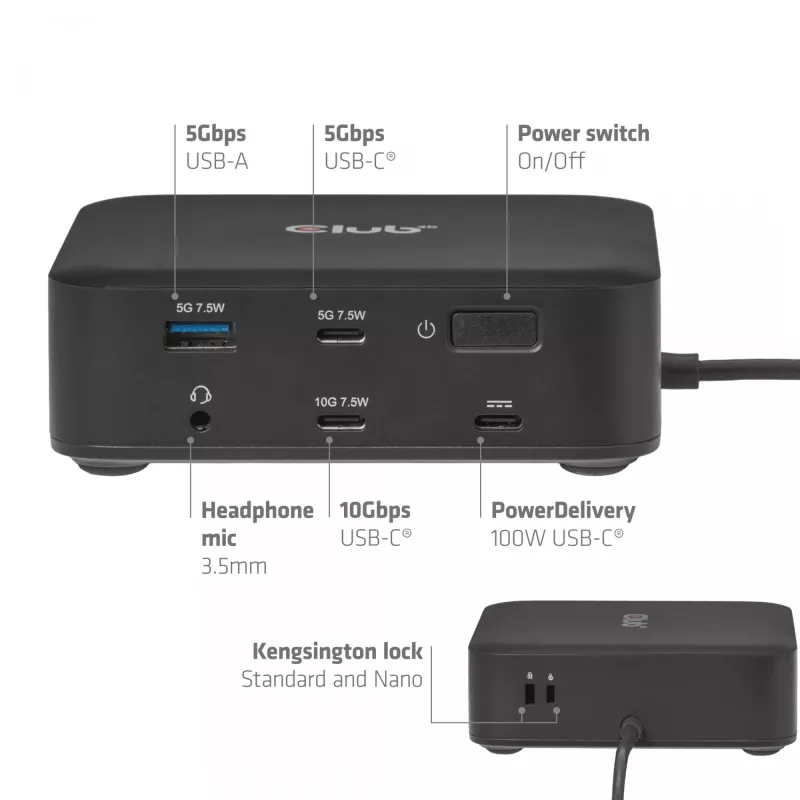 USB-C nelja ekraaniga DisplayLinki dokkimisjaam CLUB 3D CSV-2542 — 2× DisplayPort 8K60Hz, 2× HDMI 4K60Hz, PD 100 W, 2,5G Ethernet