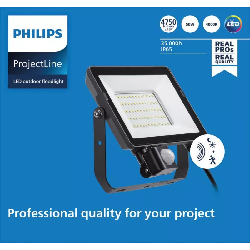 Floodlight Philips LED 50 W 4000 K IP65 Must — välistingimustesse mõeldud LED-prožektor, 50 W, neutraalne valge