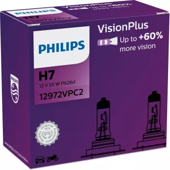 Philips VisionPlus 12972VPC2 Suurem ohutus ja mugavus, 55 W, 12 V, H7, Halogen, 2 tk