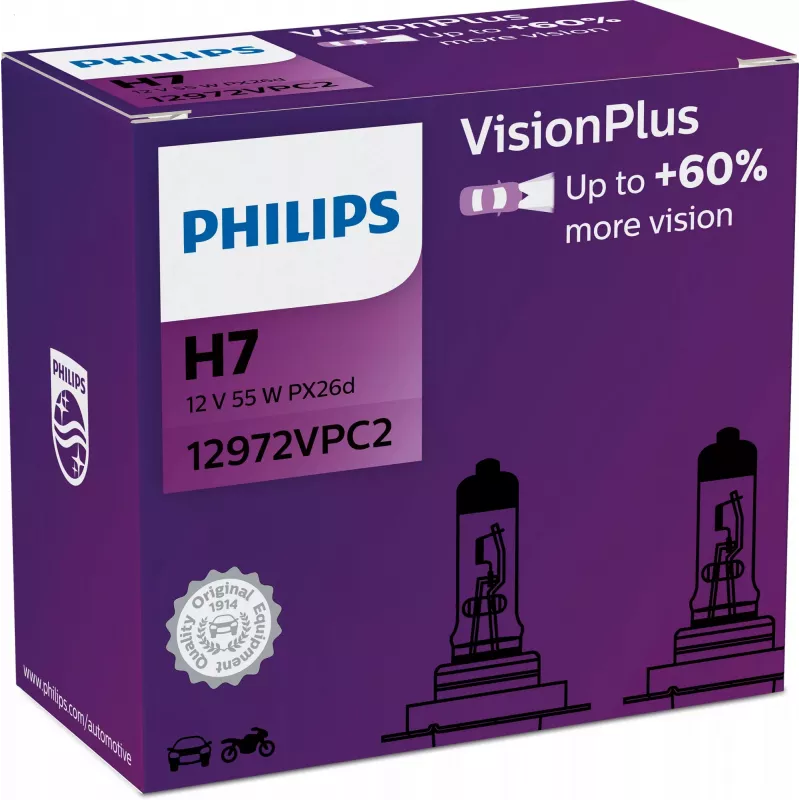 Philips VisionPlus 12972VPC2 Suurem ohutus ja mugavus, 55 W, 12 V, H7, Halogen, 2 tk