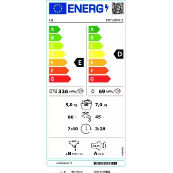 LG F2DV5S7S1E pesumasin-kuivati Eraldiseisev Eestlaetav Valge