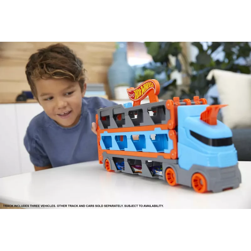 Hot Wheels City Speedway Hauler Carrier 3 mänguautoga, Sõidukikomplekt, 4 a, Plastik, Hall, Mitmevärviline