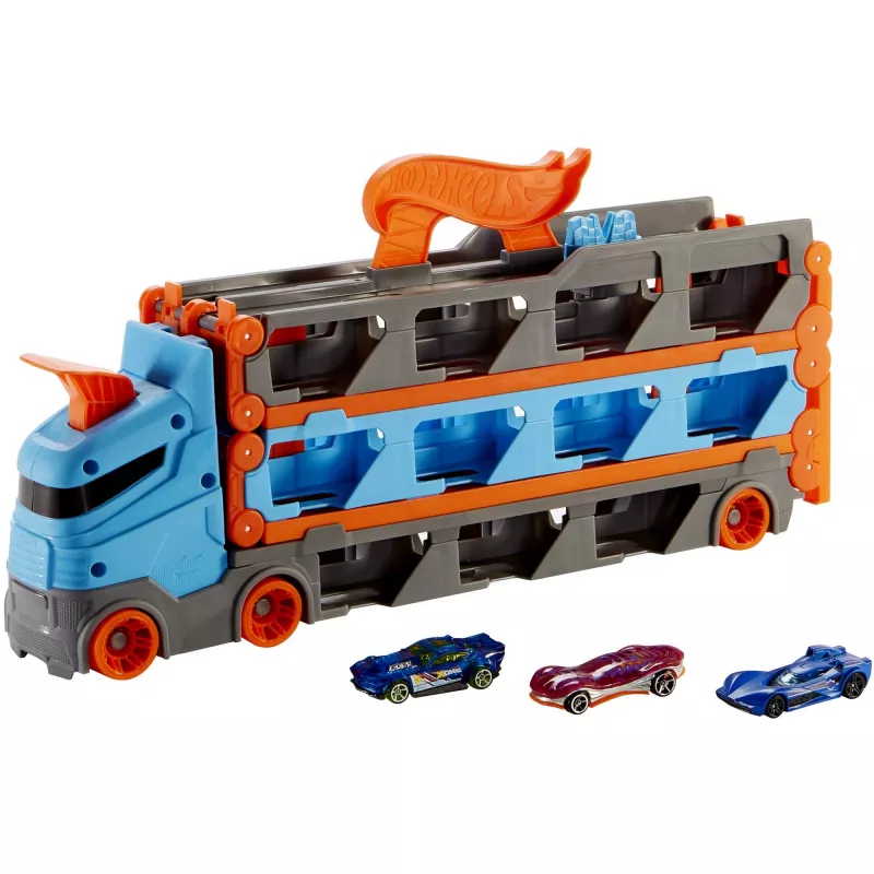 Hot Wheels City Speedway Hauler Carrier 3 mänguautoga, Sõidukikomplekt, 4 a, Plastik, Hall, Mitmevärviline