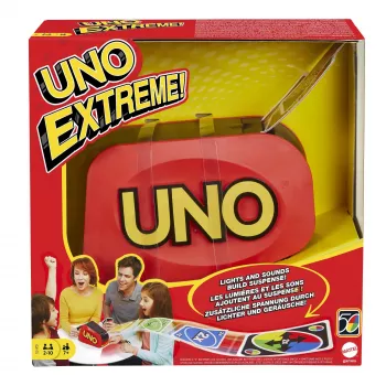 UNO Extreme – uuendatud versioon klassikalisest pere kaardimängust, valguse, heli ja juhusliku tegevusega käivitusseadmega. Suurepärane kingitus alates 7. eluaastast.