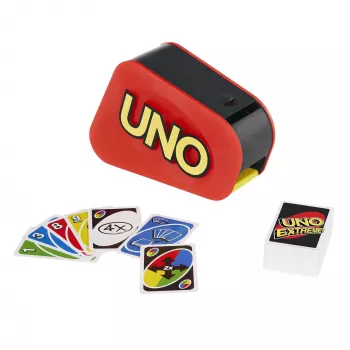 UNO Extreme – uuendatud versioon klassikalisest pere kaardimängust, valguse, heli ja juhusliku tegevusega käivitusseadmega. Suurepärane kingitus alates 7. eluaastast.