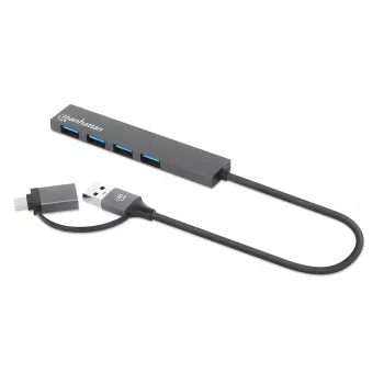 Manhattan USB-C & USB-A Combo Dock/Hub, pordid (4): USB-A (x4), 5 Gbps (USB 3.2 Gen1 ehk USB 3.0), USB-toide (välist toiteallikat pole vaja), kaabel 25 cm