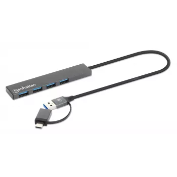 Manhattan USB-C & USB-A Combo Dock/Hub, pordid (4): USB-A (x4), 5 Gbps (USB 3.2 Gen1 ehk USB 3.0), USB-toide (välist toiteallikat pole vaja), kaabel 25 cm
