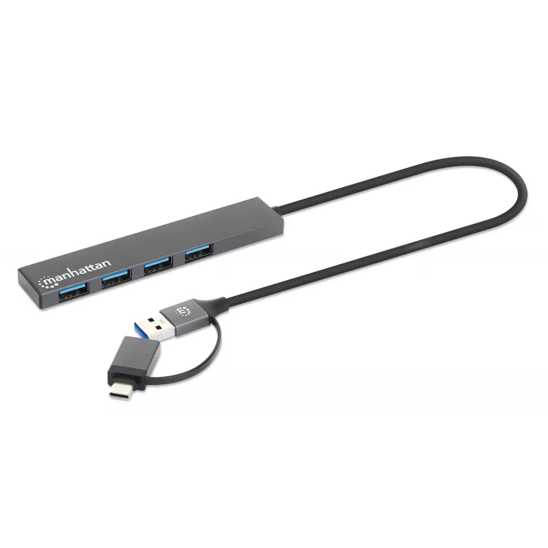 Manhattan USB-C & USB-A Combo Dock/Hub, pordid (4): USB-A (x4), 5 Gbps (USB 3.2 Gen1 ehk USB 3.0), USB-toide (välist toiteallikat pole vaja), kaabel 25 cm