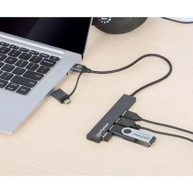 Manhattan USB-C & USB-A Combo Dock/Hub, pordid (4): USB-A (x4), 5 Gbps (USB 3.2 Gen1 ehk USB 3.0), USB-toide (välist toiteallikat pole vaja), kaabel 25 cm