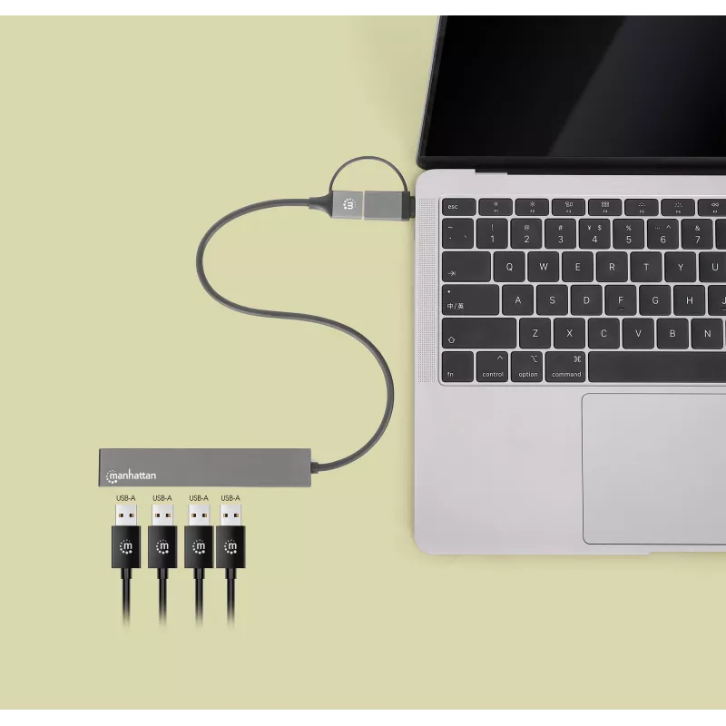 Manhattan USB-C & USB-A Combo Dock/Hub, pordid (4): USB-A (x4), 5 Gbps (USB 3.2 Gen1 ehk USB 3.0), USB-toide (välist toiteallikat pole vaja), kaabel 25 cm